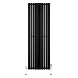 Sleek black oval single column radiator with vertical bars, measuring 1800mm x 600mm, complemented by stylish valves at the base