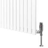 White oval single column radiator with sleek vertical fins and chrome valve, measuring 1800mm x 600mm, ideal for modern spaces