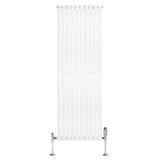 Sleek white oval single column radiator with chrome valves, measuring 1800mm x 600mm, featuring a smooth, modern design