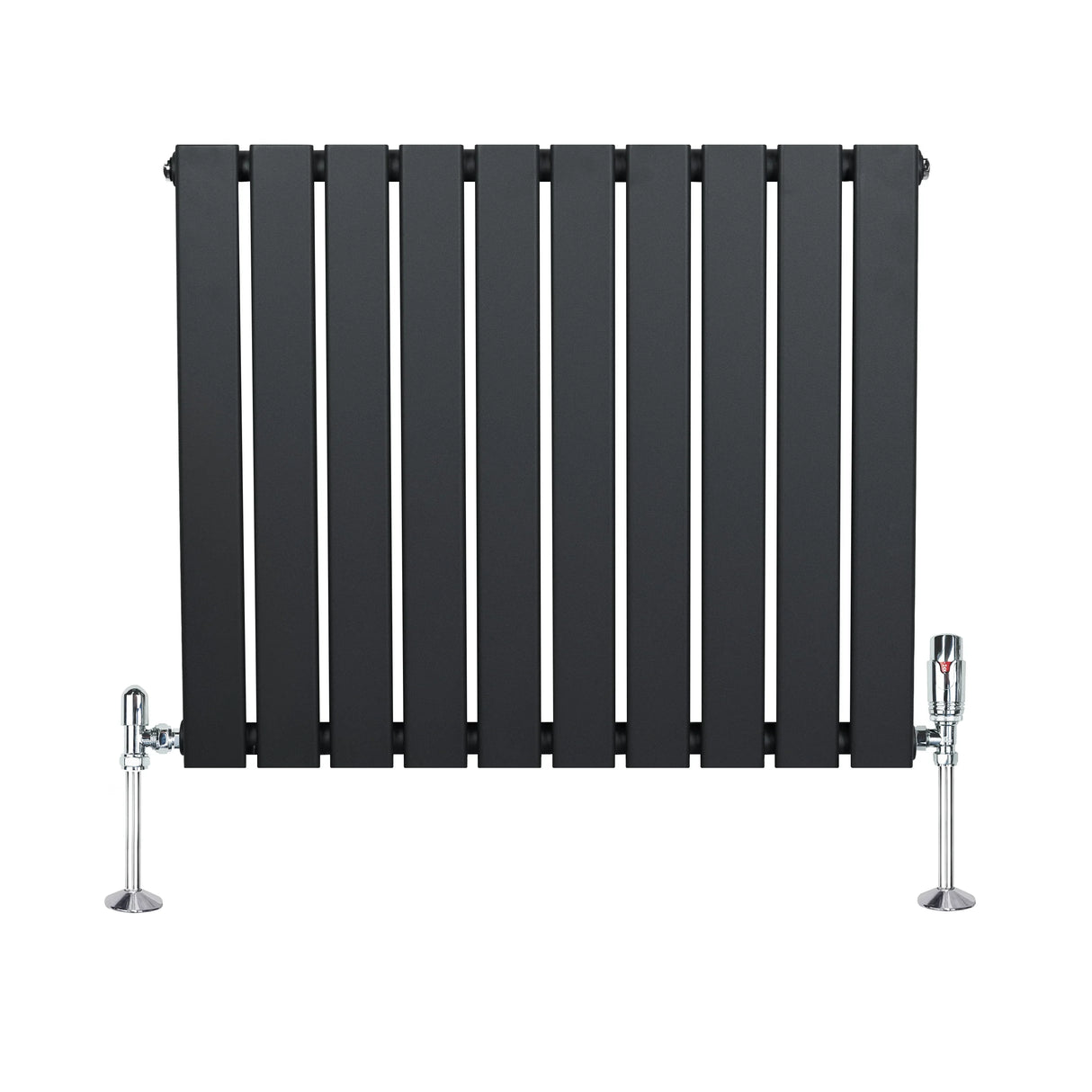 Flat single column radiator in anthracite grey, featuring sleek vertical slats and polished chrome valves, ideal for modern interiors