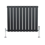 Flat single column radiator in anthracite grey, featuring sleek vertical slats and polished chrome valves, ideal for modern interiors