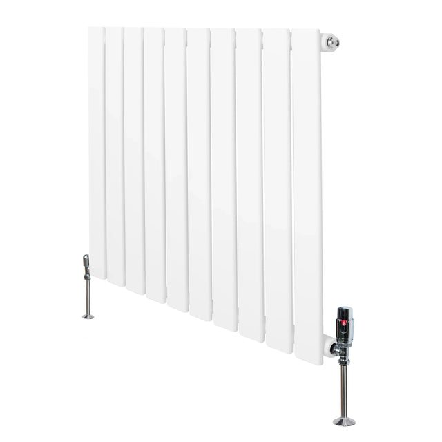 Flat single column radiator in white, measuring 600mm x 700mm, featuring sleek vertical panels and stylish valves on the sides