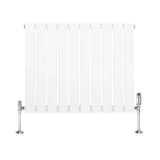 Flat single column radiator in white, measuring 600mm x 700mm, featuring sleek vertical panels and chrome valves for modern decor