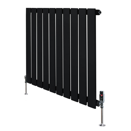 Flat black single column radiator with sleek vertical slats and valves, measuring 600mm x 700mm, ideal for modern interiors