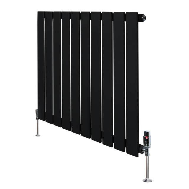 Flat black single column radiator with sleek vertical slats and valves, measuring 600mm x 700mm, ideal for modern interiors