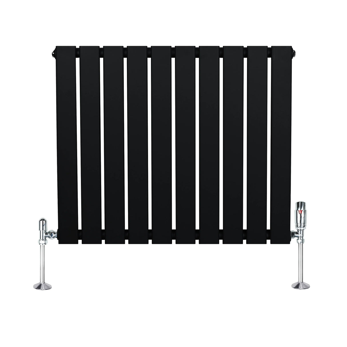 Flat single column radiator in sleek black finish, featuring vertical slats and chrome valves, measuring 600mm x 700mm