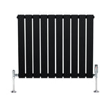 Flat single column radiator in sleek black finish, featuring vertical slats and chrome valves, measuring 600mm x 700mm