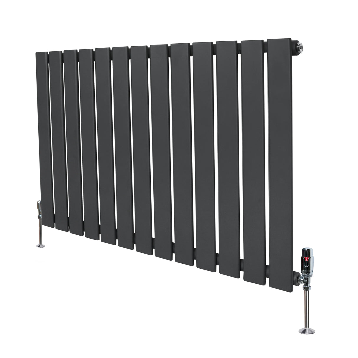 Flat single column radiator in anthracite grey, featuring sleek vertical slats and stylish valves, perfect for modern interiors