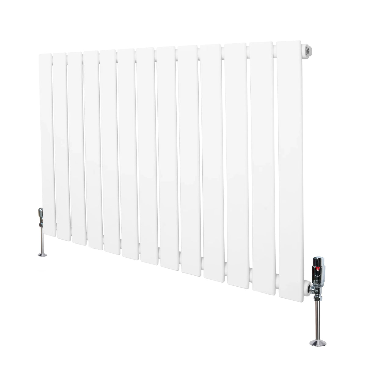 Flat single column radiator in white, 600mm x 910mm, featuring a sleek design with vertical slats and included valves for easy installation