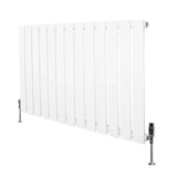 Flat single column radiator in white, 600mm x 910mm, featuring a sleek design with vertical slats and included valves for easy installation