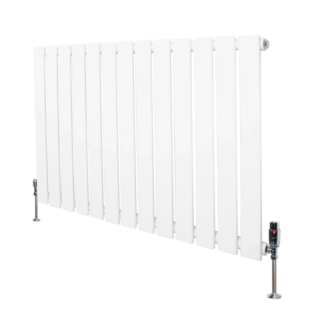 Flat single column radiator in white, 600mm x 910mm, featuring a sleek design with vertical slats and included valves for easy installation