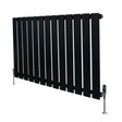 Flat single column radiator in sleek black finish, measuring 600mm x 910mm, featuring vertical slats and modern valve design