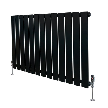 Flat single column radiator in sleek black finish, measuring 600mm x 910mm, featuring vertical slats and modern valve design