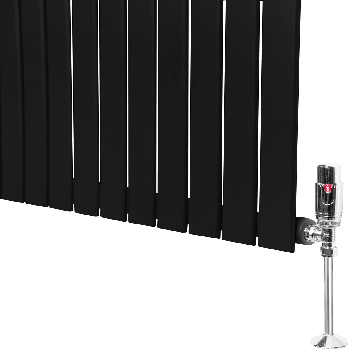 Flat single column radiator in sleek black finish, measuring 600mm x 910mm, with polished valve for modern heating solutions