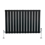 Flat black single column radiator with vertical slats and chrome valves, measuring 600mm x 910mm, ideal for modern interiors