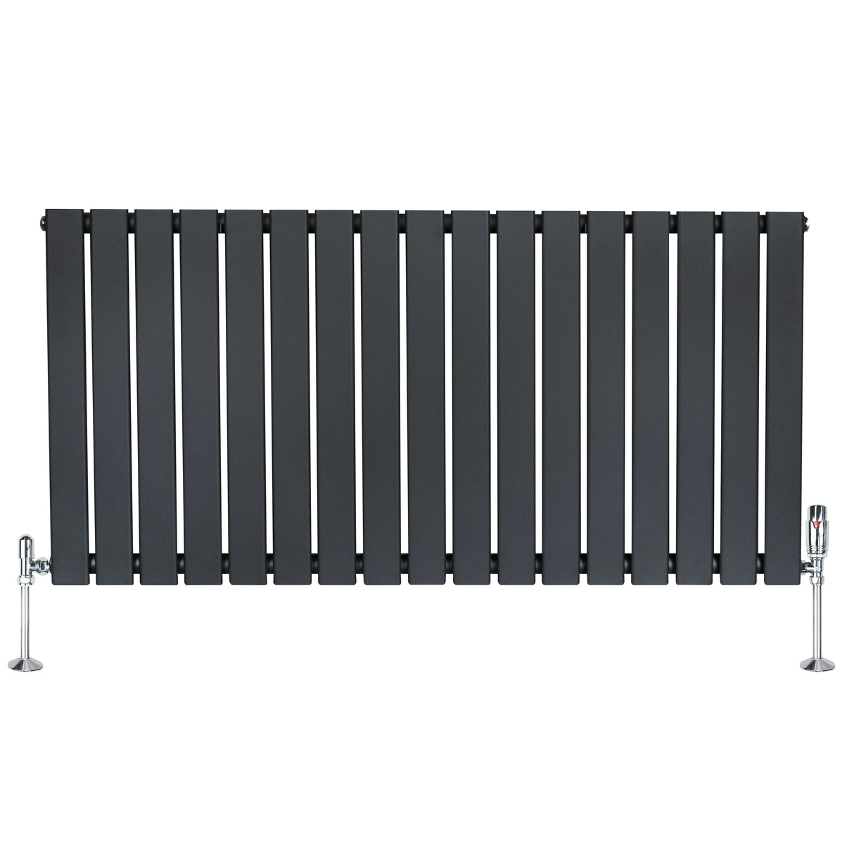 Flat single column radiator in anthracite grey, 600mm x 1190mm, featuring sleek vertical slats and chrome valves for modern decor