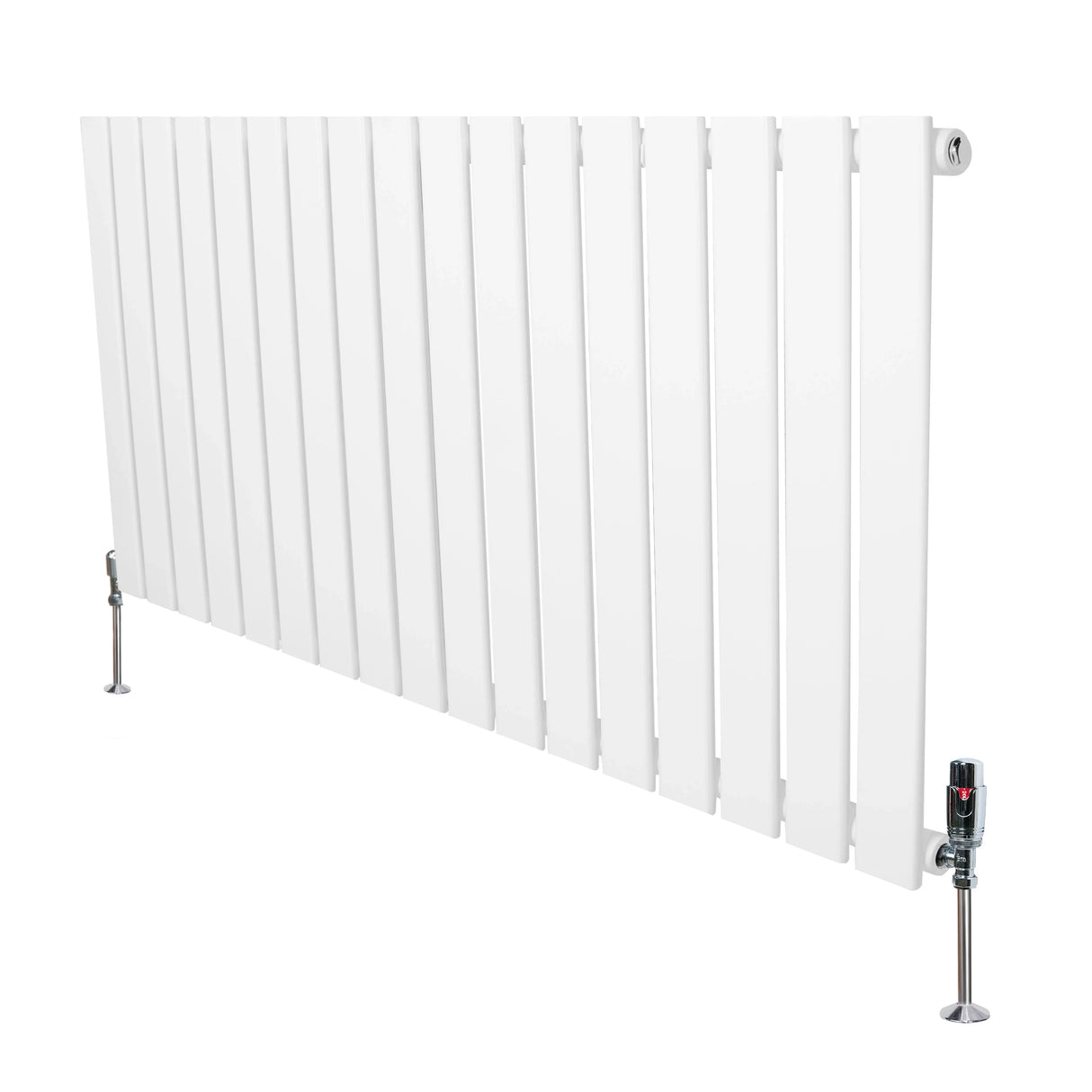 Flat single column radiator in white, 600mm x 1190mm, featuring sleek vertical slats and modern valves for efficient heating