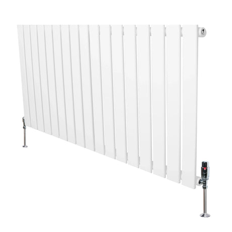 Flat single column radiator in white, 600mm x 1190mm, featuring sleek vertical slats and modern valves for efficient heating