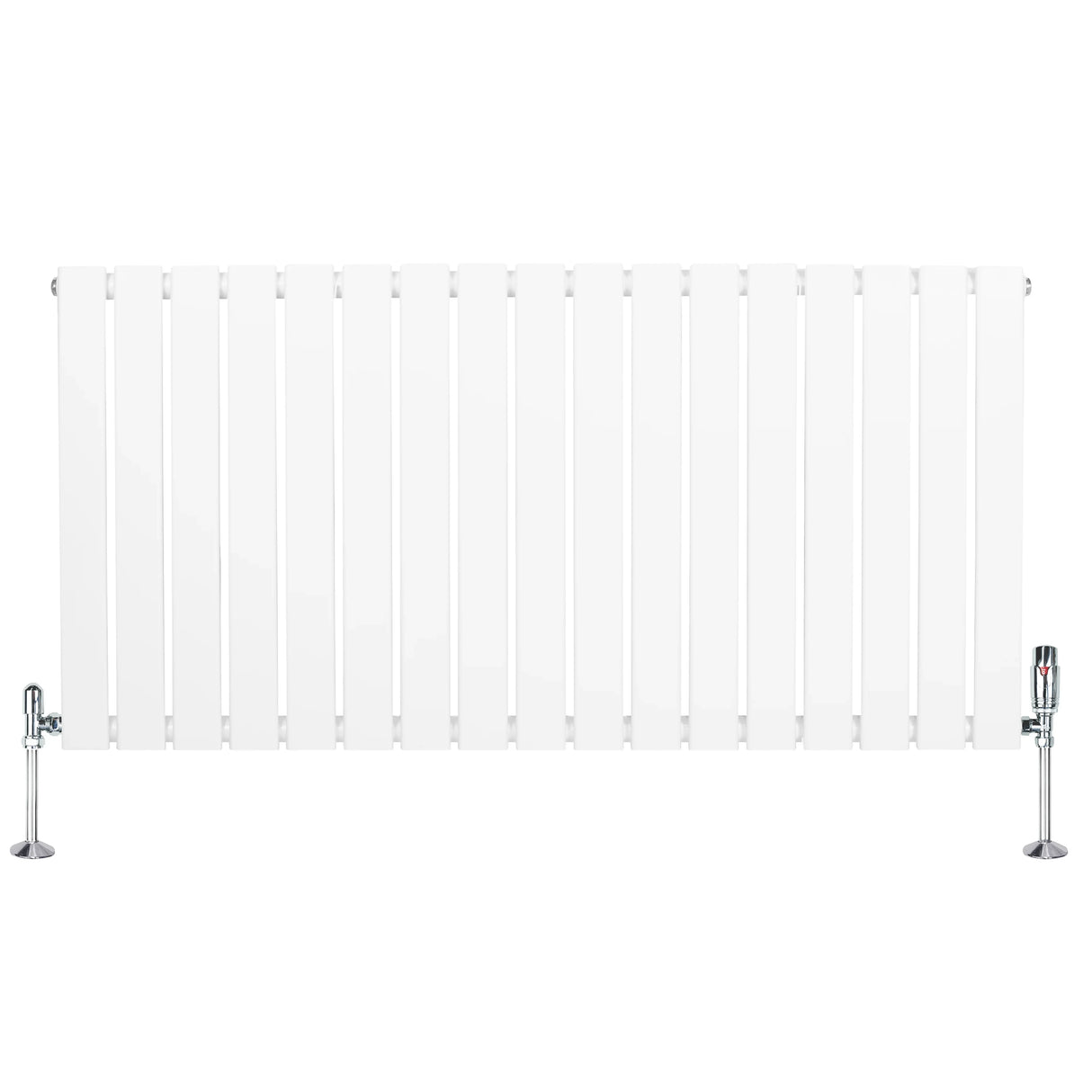Flat single column radiator in white, 600mm x 1190mm, featuring sleek vertical panels and chrome valves for modern heating solutions