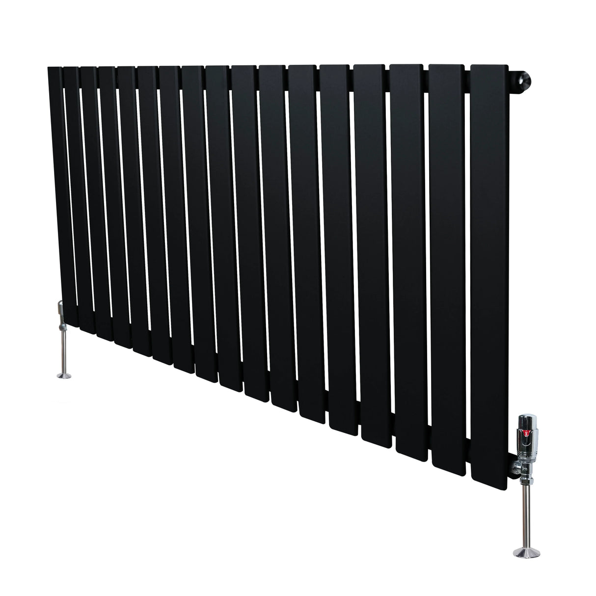 Flat single column radiator in sleek black finish, 600mm x 1190mm, featuring vertical slats and stylish valves for modern interiors