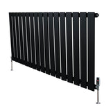 Flat single column radiator in sleek black finish, 600mm x 1190mm, featuring vertical slats and stylish valves for modern interiors