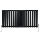 Flat single column radiator in sleek black finish, measuring 600mm x 1190mm, with polished valves and a modern design