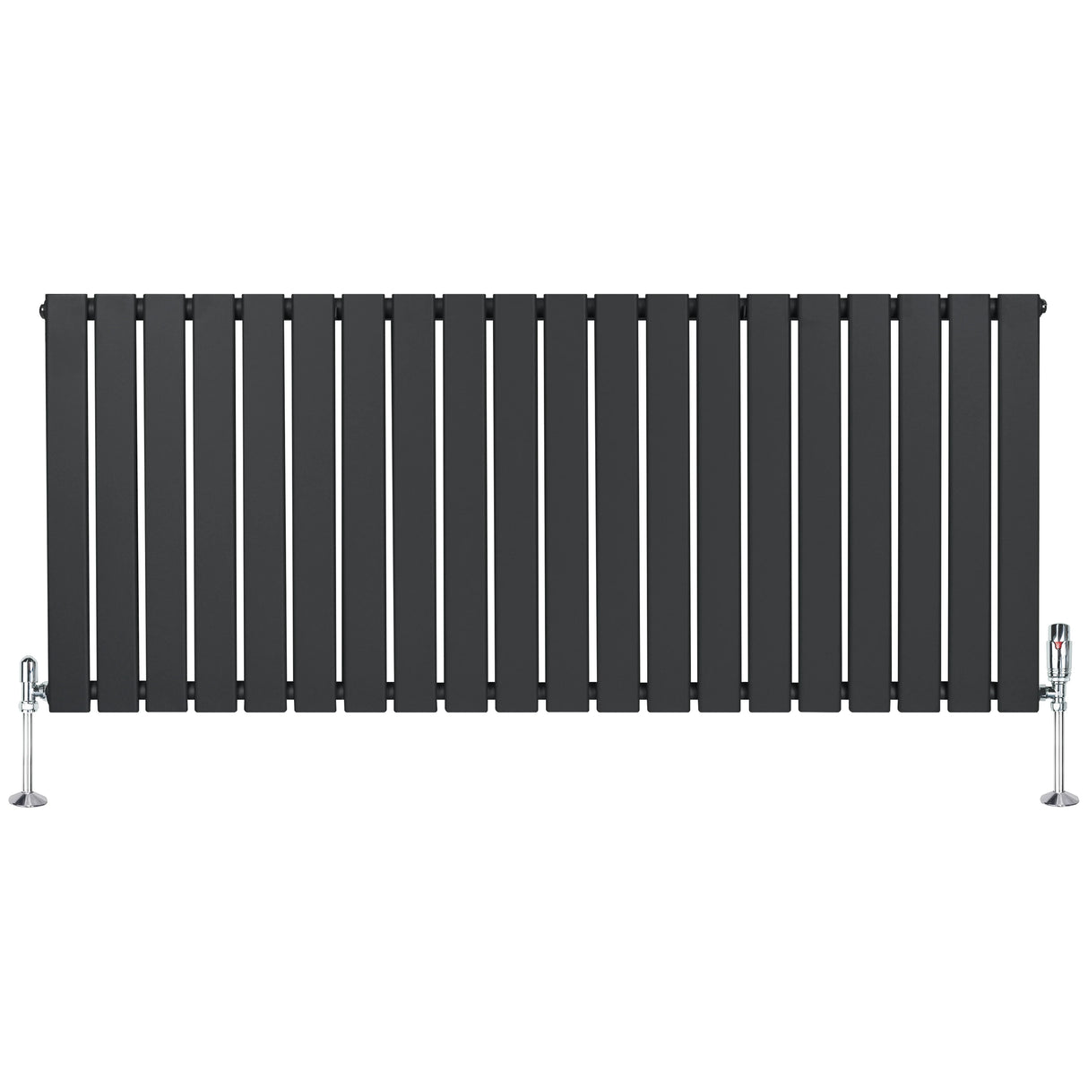 Flat single column radiator in anthracite grey, 600mm x 1400mm, featuring sleek vertical slats and chrome valves for modern decor