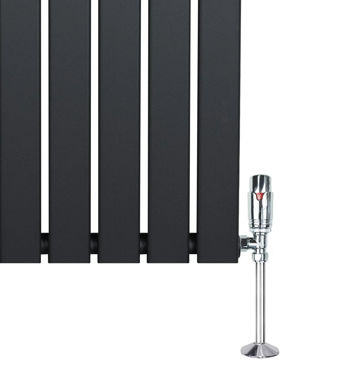 Flat single column radiator in anthracite grey, featuring sleek vertical bars and a polished chrome valve for modern interiors
