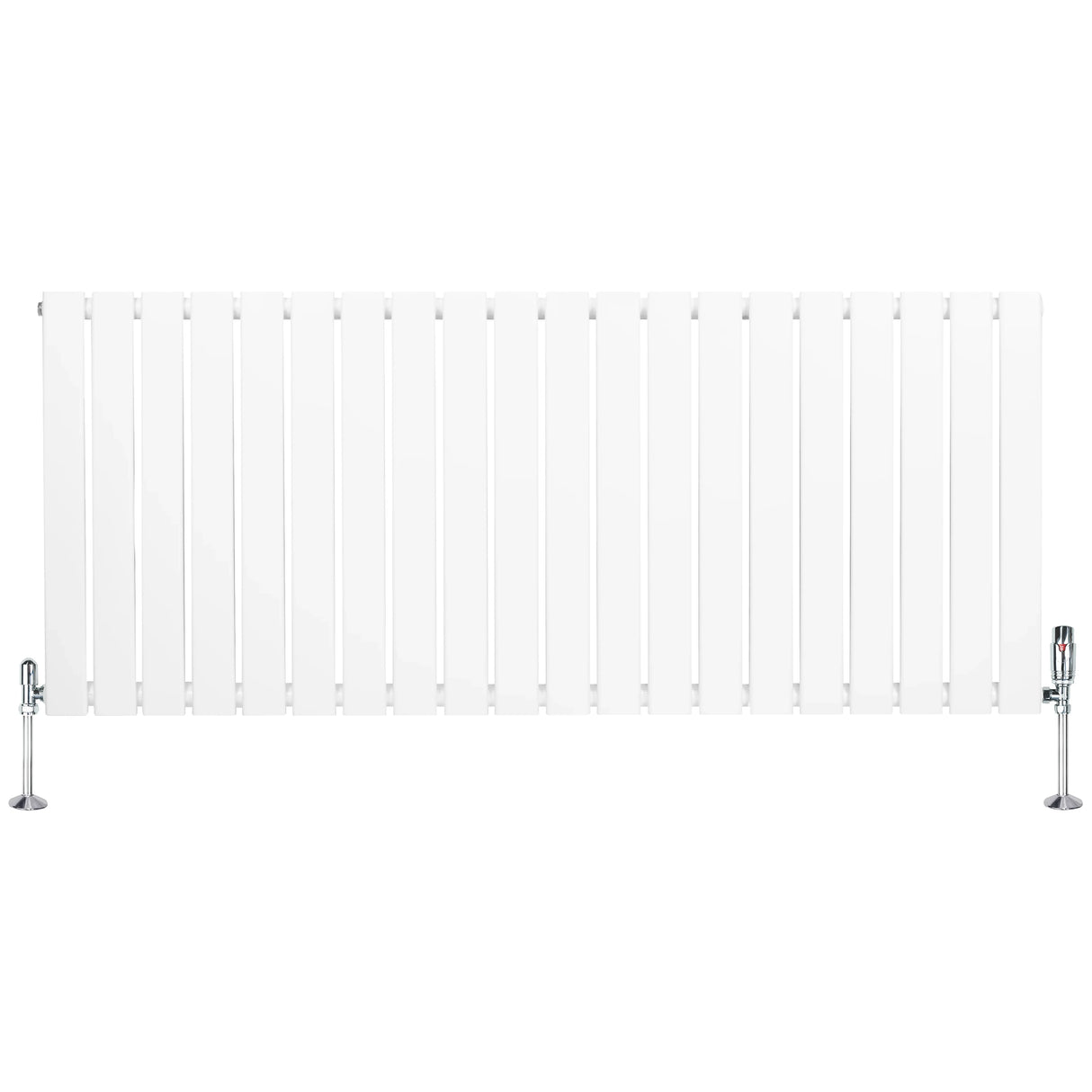 Flat single column radiator in white, 600mm x 1400mm, featuring a sleek design with vertical slats and chrome valves on both ends