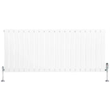 Flat single column radiator in white, 600mm x 1400mm, featuring a sleek design with vertical slats and chrome valves on both ends
