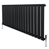 Flat single column radiator in sleek black finish, measuring 600mm x 1400mm, featuring vertical slats and chrome valves