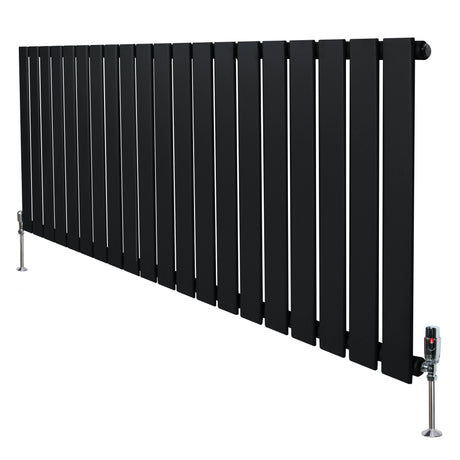 Flat single column radiator in sleek black finish, measuring 600mm x 1400mm, featuring vertical slats and chrome valves