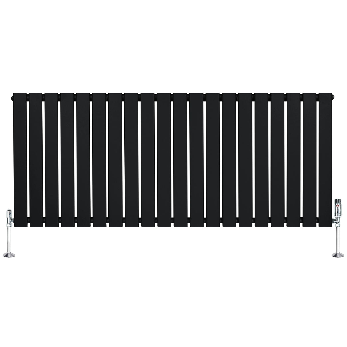 Flat single column radiator in sleek black finish, measuring 600mm x 1400mm, featuring smooth vertical panels and chrome valves