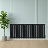 Flat black single column radiator with sleek vertical slats, paired with chrome valves, positioned against a light wall and plant