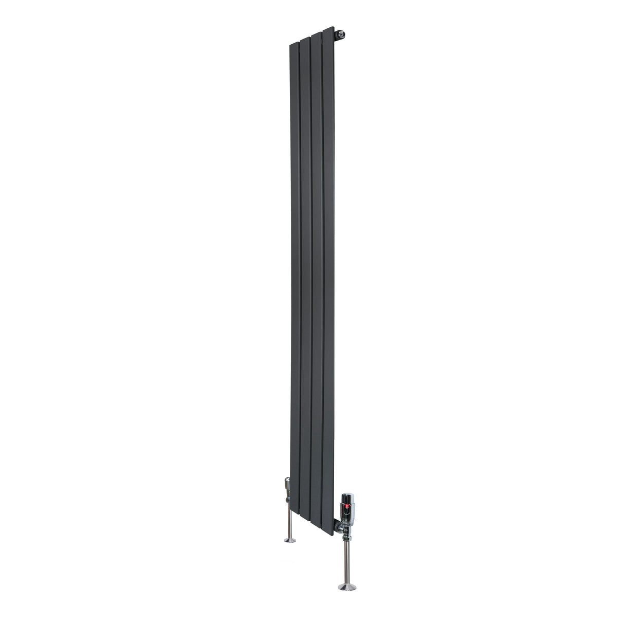 Flat single column radiator in anthracite grey, 1600mm x 280mm, featuring sleek vertical lines and modern valve fittings