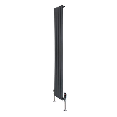 Flat single column radiator in anthracite grey, 1600mm x 280mm, featuring sleek vertical lines and modern valve fittings