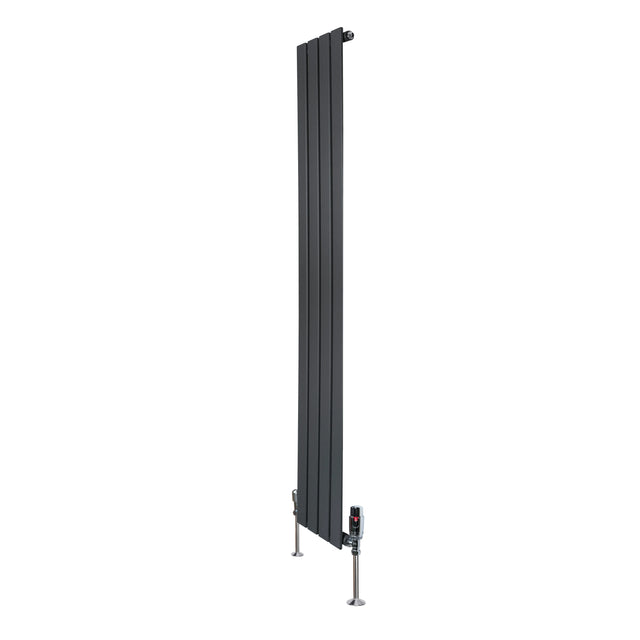 Flat single column radiator in anthracite grey, 1600mm x 280mm, featuring sleek vertical lines and modern valve fittings