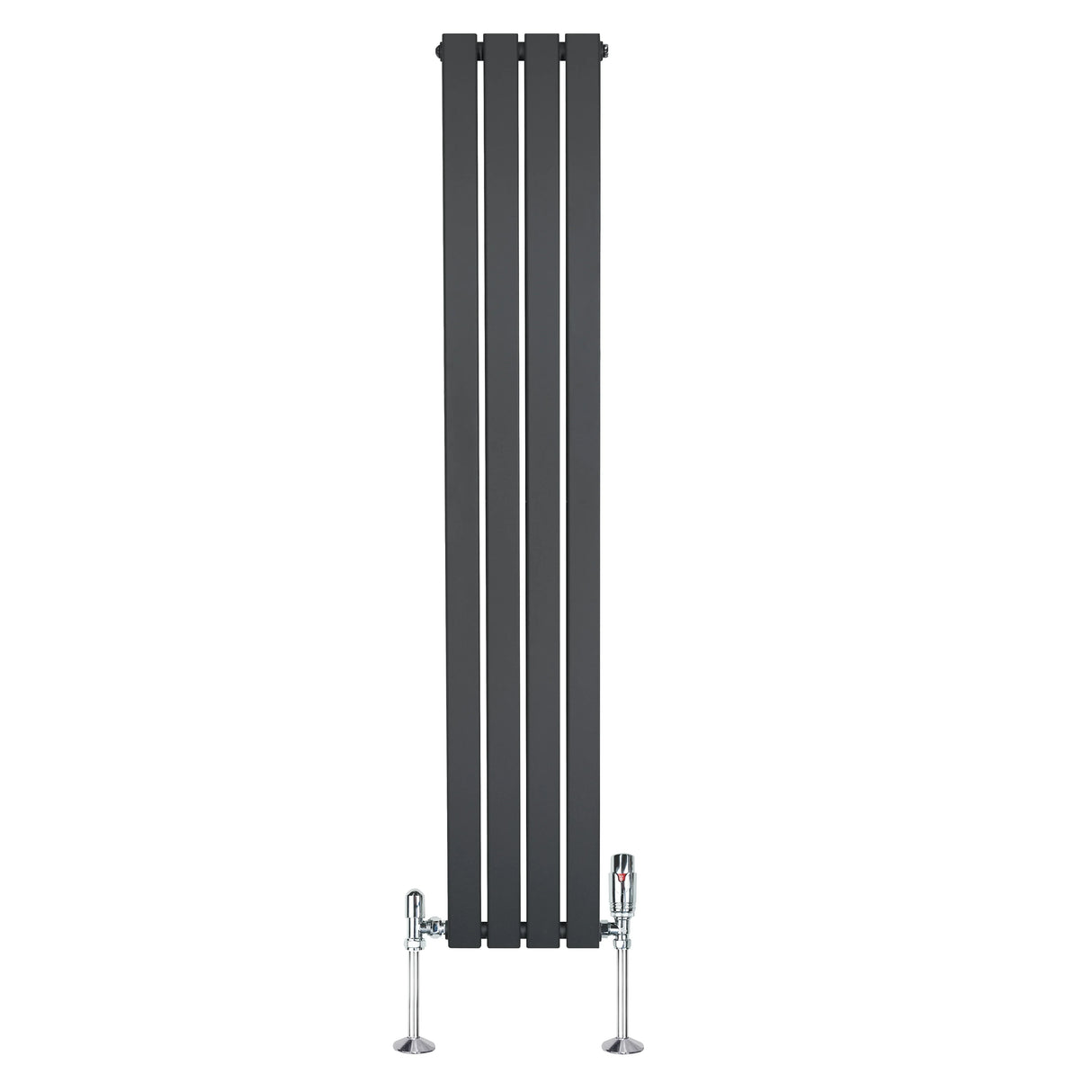 Flat single column radiator in anthracite grey, 1600mm x 280mm, featuring sleek vertical lines and chrome valves for modern decor