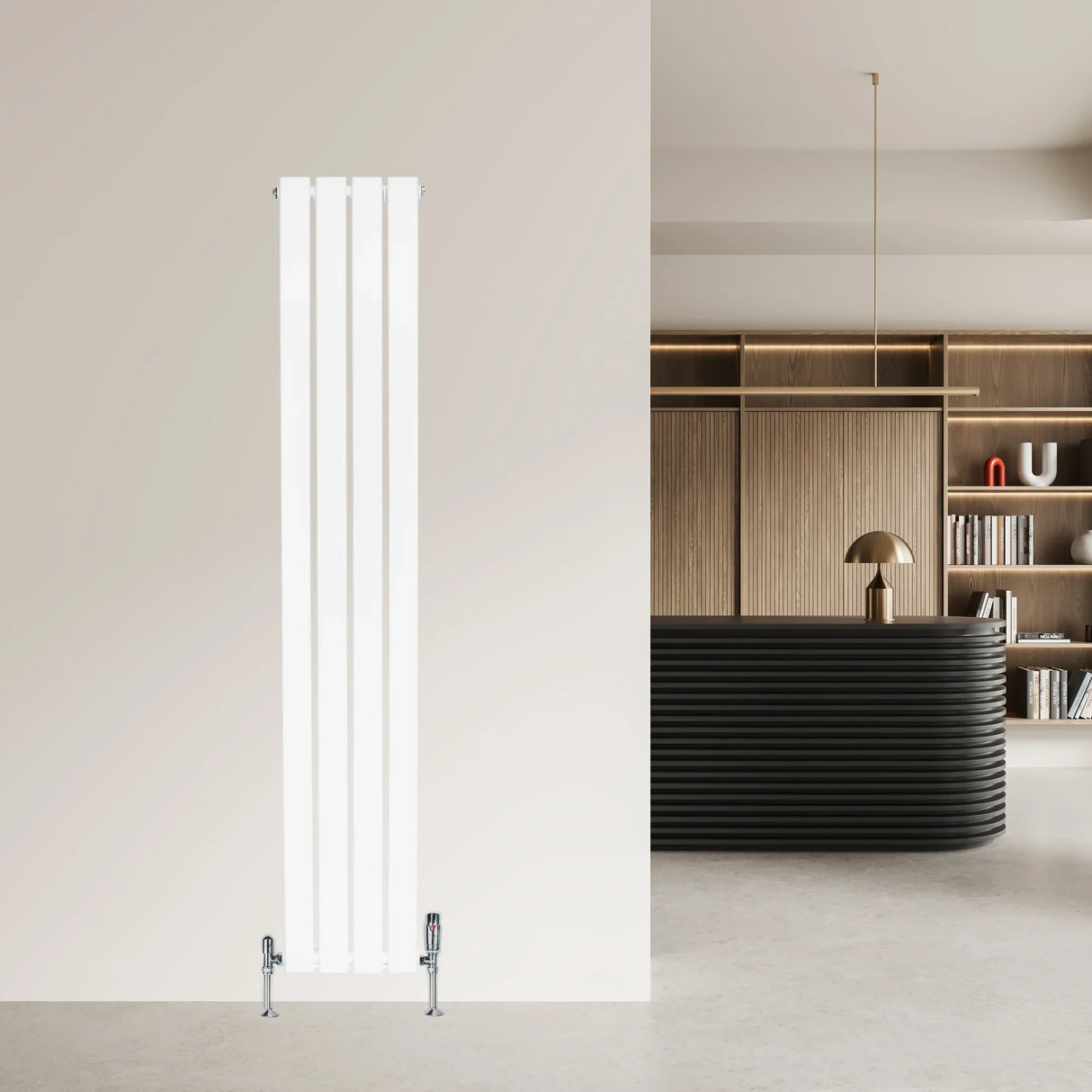 Sleek white flat single column radiator with valves, measuring 1600mm x 280mm, set against a modern interior backdrop