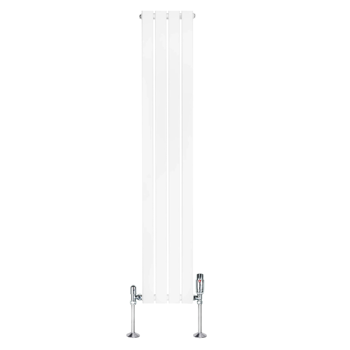 Flat single column radiator in white, measuring 1600mm x 280mm, featuring sleek vertical lines and chrome valves for modern decor