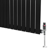 Flat single column radiator in sleek black finish, measuring 1600mm x 280mm, featuring polished valves for modern heating solutions