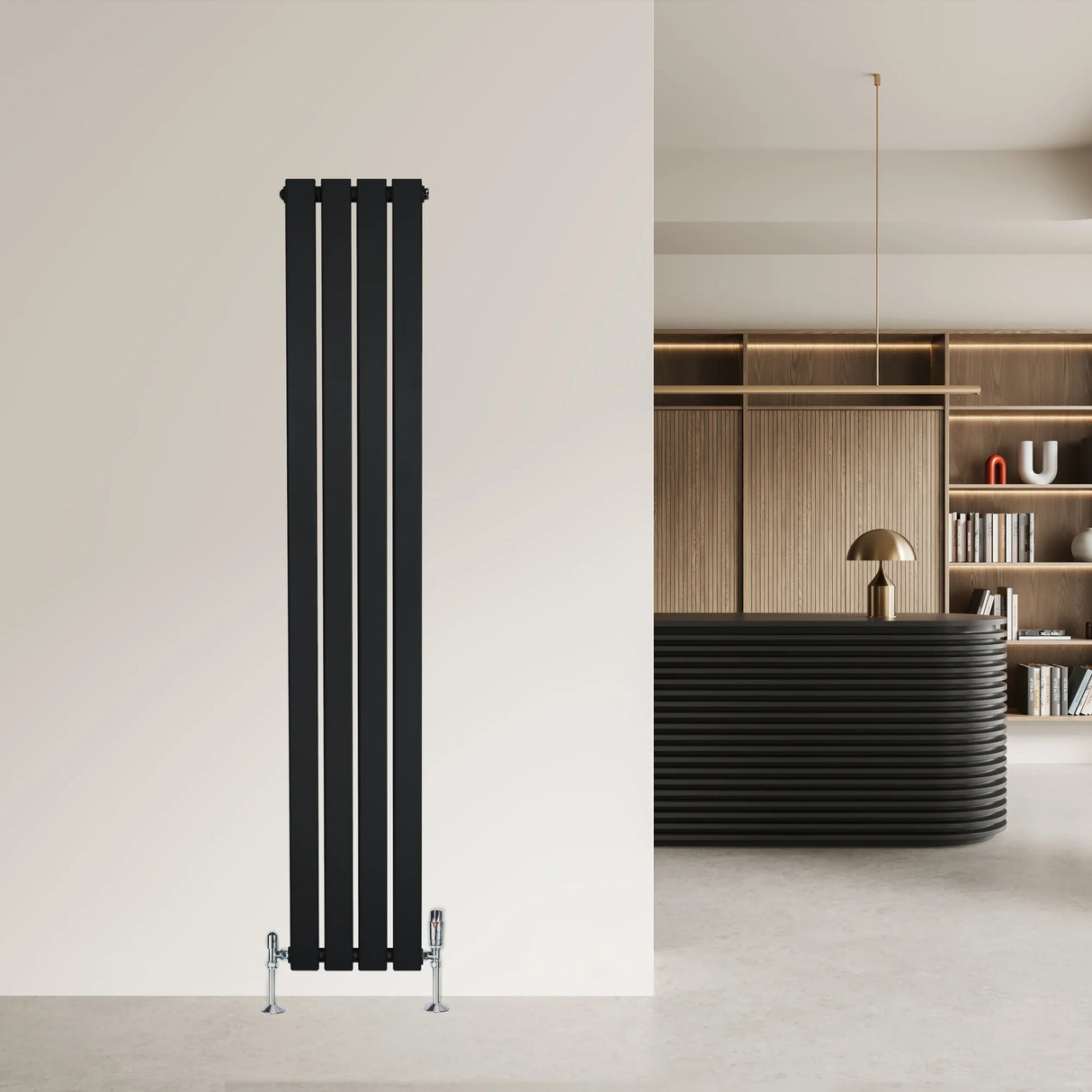 Sleek black flat single column radiator with chrome valves, measuring 1600mm x 280mm, mounted on a modern interior wall