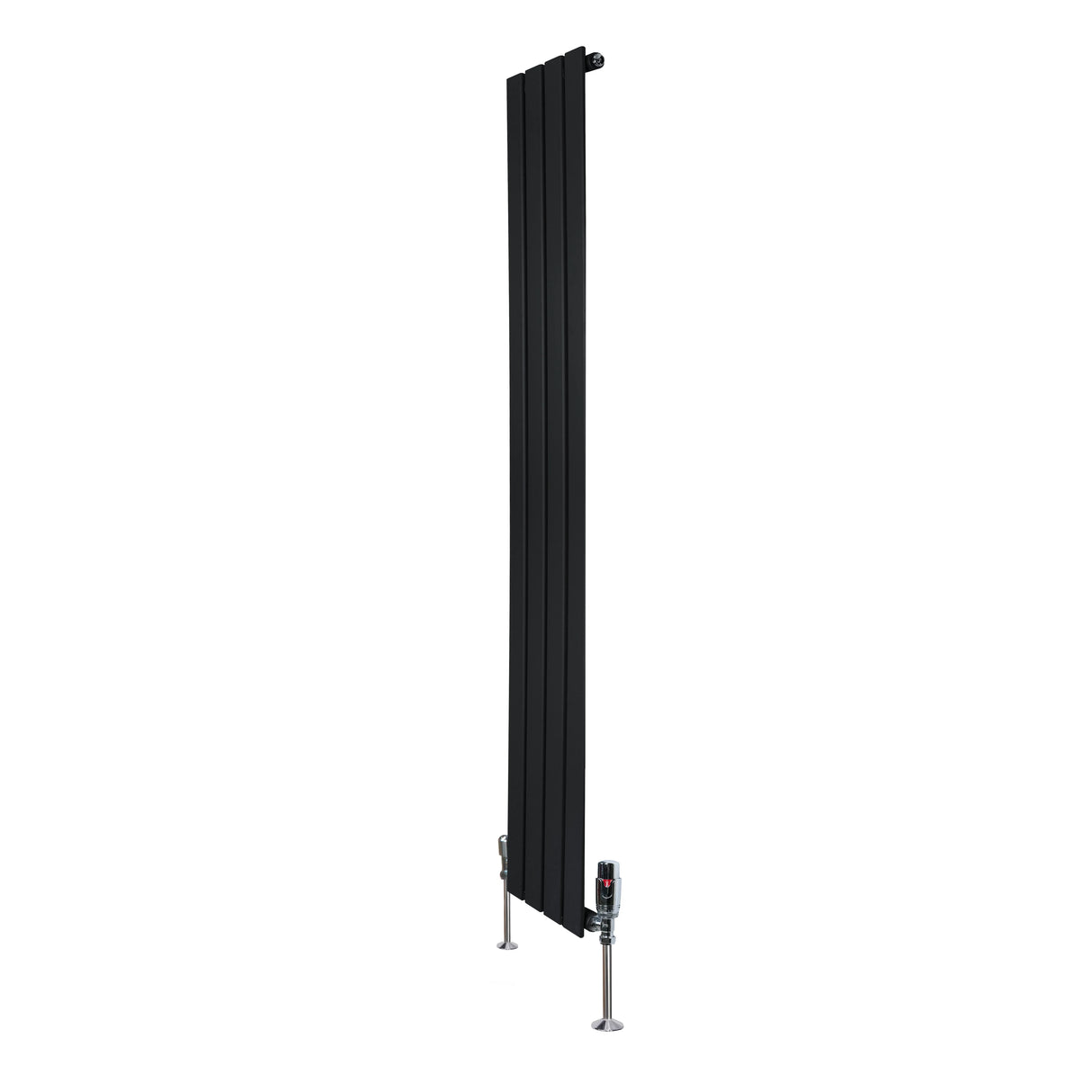 Flat single column radiator in sleek black, measuring 1600mm x 280mm, featuring modern vertical design and integrated valves