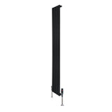 Flat single column radiator in sleek black, measuring 1600mm x 280mm, featuring modern vertical design and integrated valves
