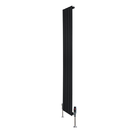 Flat single column radiator in sleek black, measuring 1600mm x 280mm, featuring modern vertical design and integrated valves