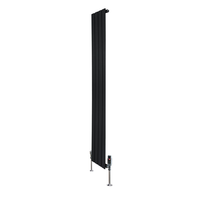 Flat single column radiator in sleek black, measuring 1600mm x 280mm, featuring modern vertical design and integrated valves