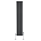 Sleek black flat single column radiator measuring 1600mm x 280mm with modern chrome valves, ideal for contemporary spaces