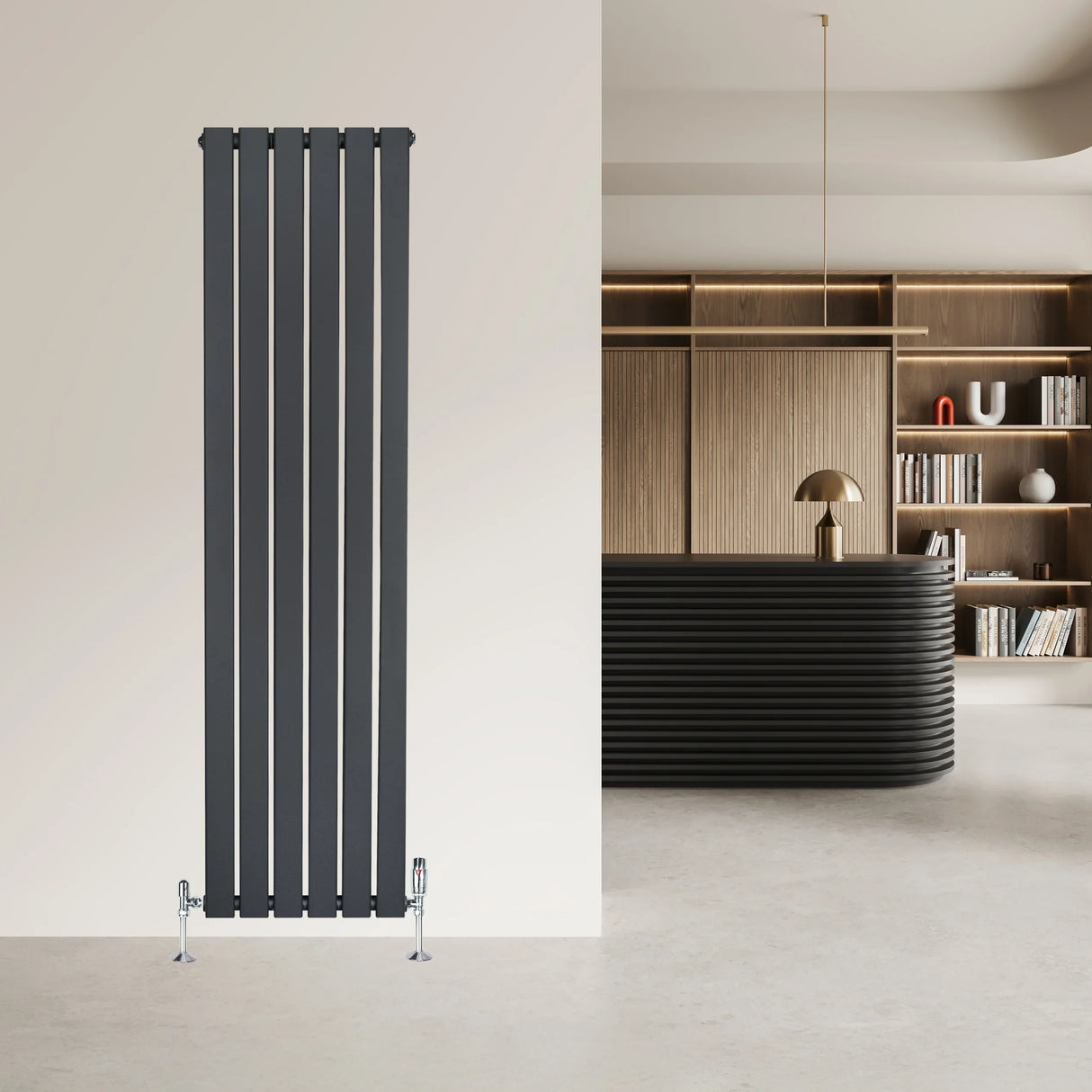 Flat single column radiator in anthracite grey, 1600mm x 420mm, featuring sleek vertical lines and modern valves, set against a stylish interior