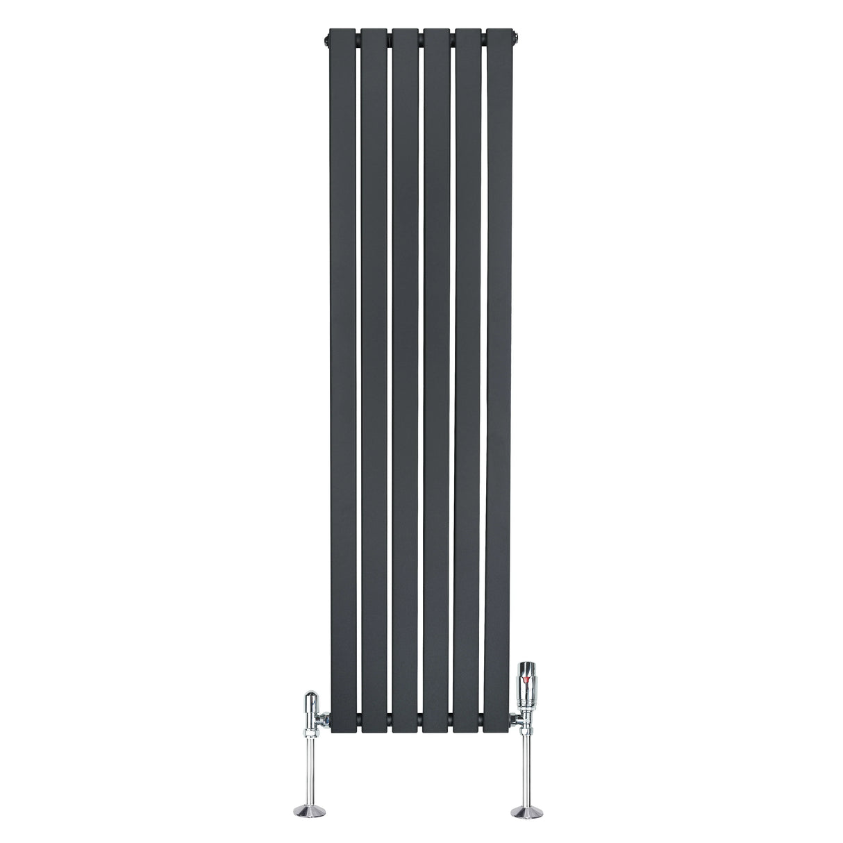 Flat single column radiator in anthracite grey, 1600mm x 420mm, featuring sleek vertical lines and modern chrome valves
