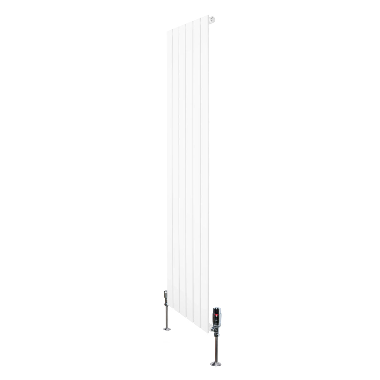 Flat single column radiator in white, 1600mm x 420mm, featuring sleek vertical lines and modern valves for efficient heating
